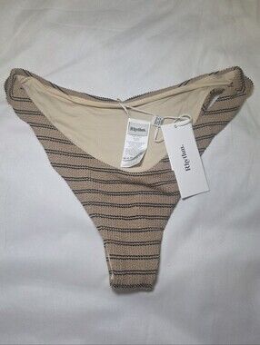 Rhythm Women's XL Textured Beige & Black Stripe High Leg Bikini Bottom NWT
